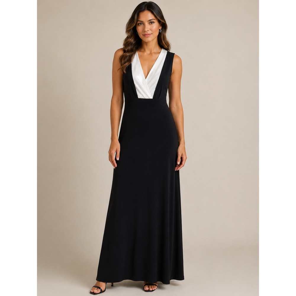Calvin Klein Evening Gown Womens Black White Sequin V-Neck Formal Maxi Dress